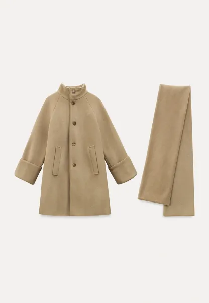 Women Wool Coat with Attached Scarf