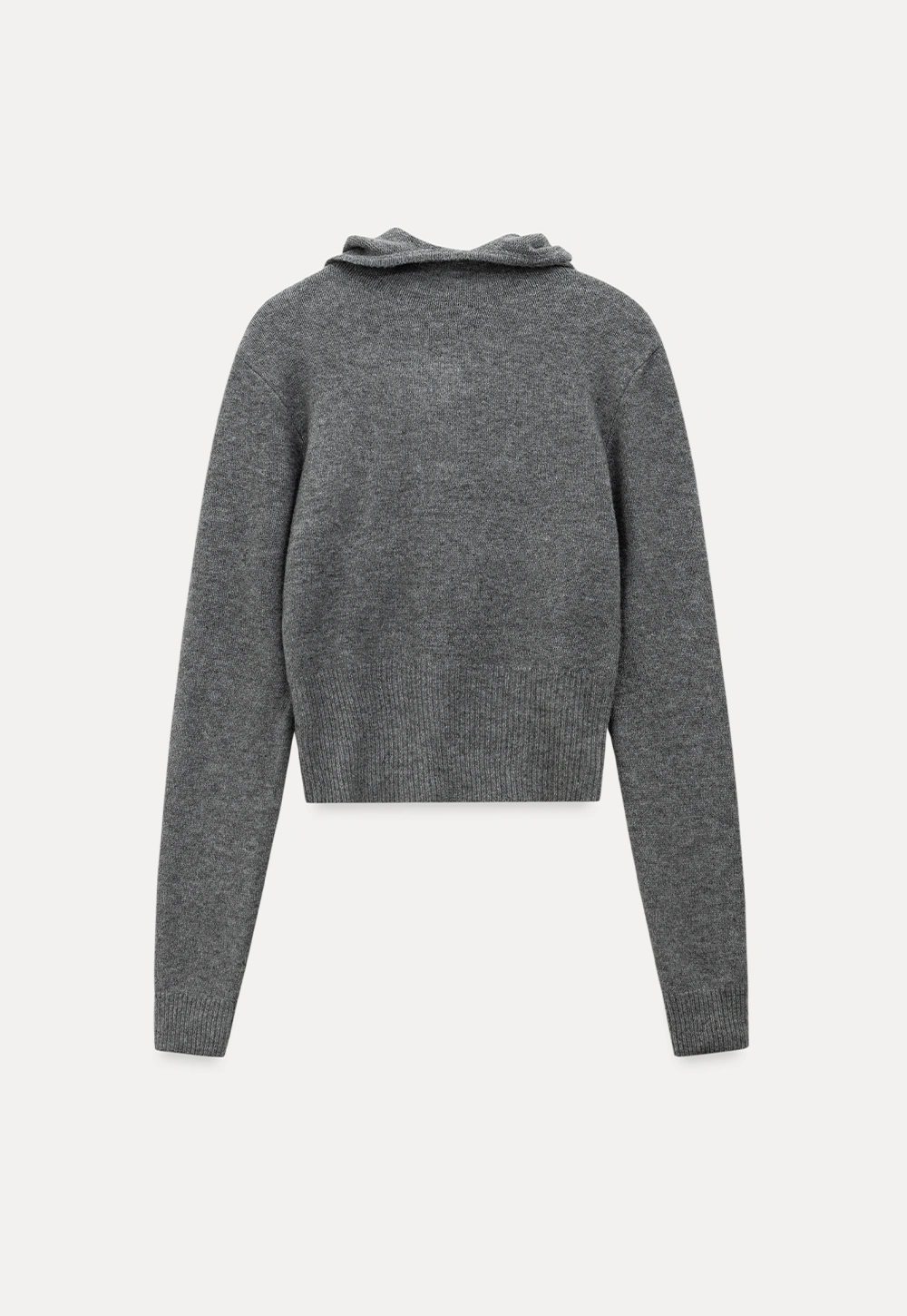 Fashionable Grey Sweater with Hood and Ribbed Trim