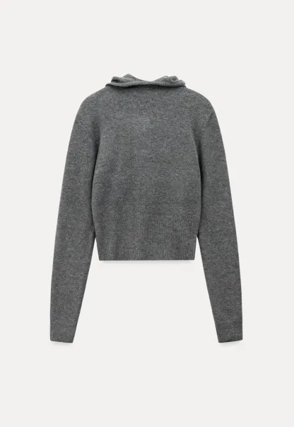 Fashionable Grey Sweater with Hood and Ribbed Trim