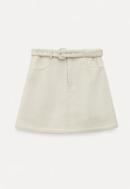 Women White Belted Corduroy Skirt