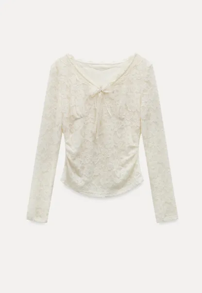V-Neck Lace Jacquard Bow Top
