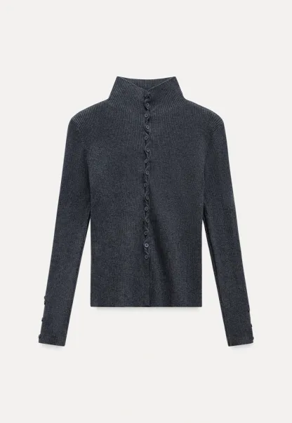 Stand-Collar Twist Button Knit Top