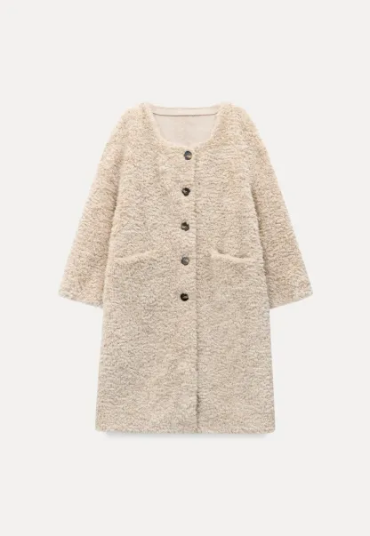 Women Long Fuzzy Teddy Coat with Attached Scarf