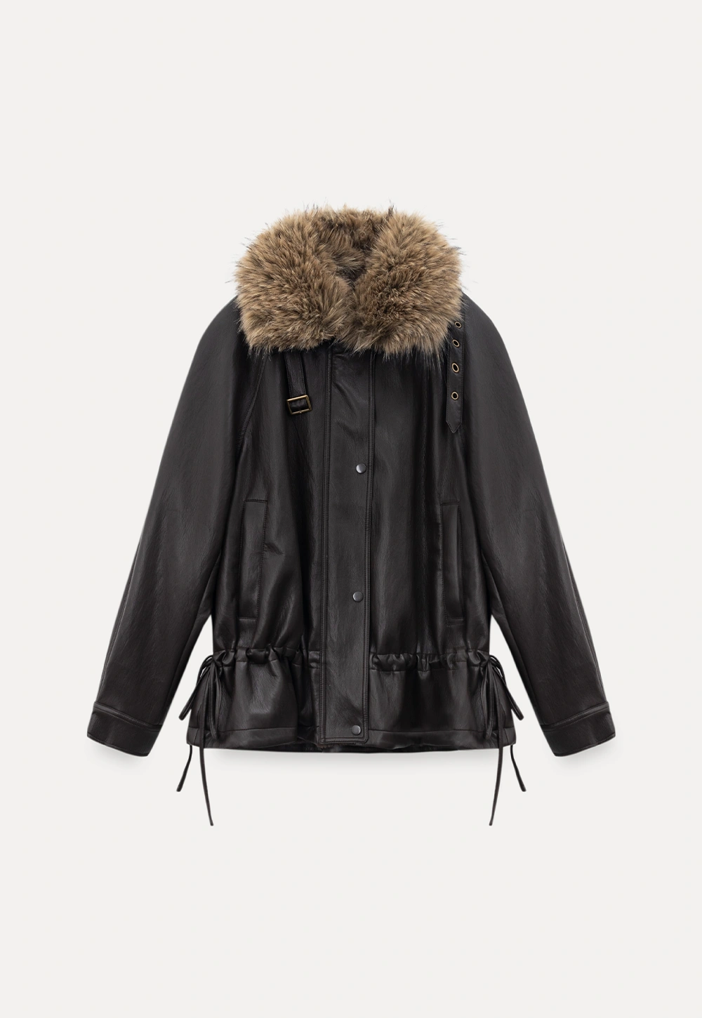 Casual Winter Faux Leather Coat with Soft Fur Collar