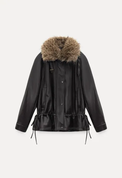 Casual Winter Faux Leather Coat with Soft Fur Collar