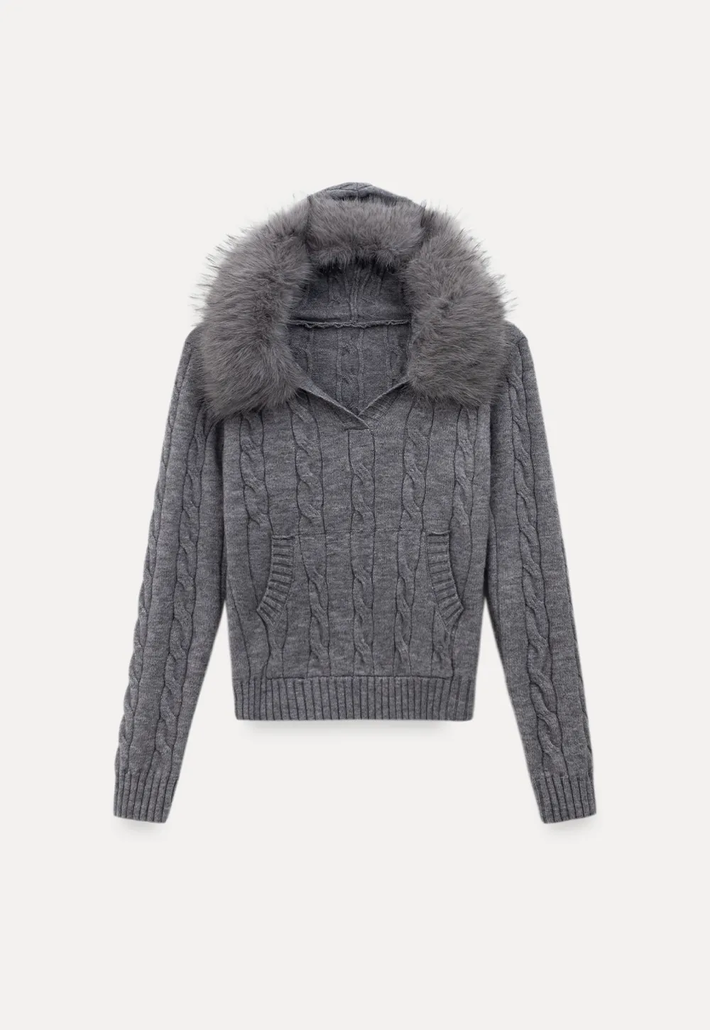 Faux Fur Collar Cable-Knit Sweater