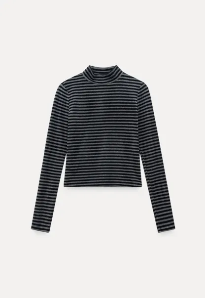 Striped Mock Neck Slim Long Sleeve Tee