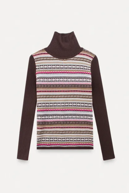 Knitted Turtleneck Top with Colorful Nordic Stripes
