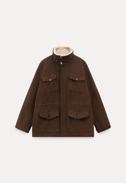 Women Casual Brown Corduroy Coat with Fleece Lining