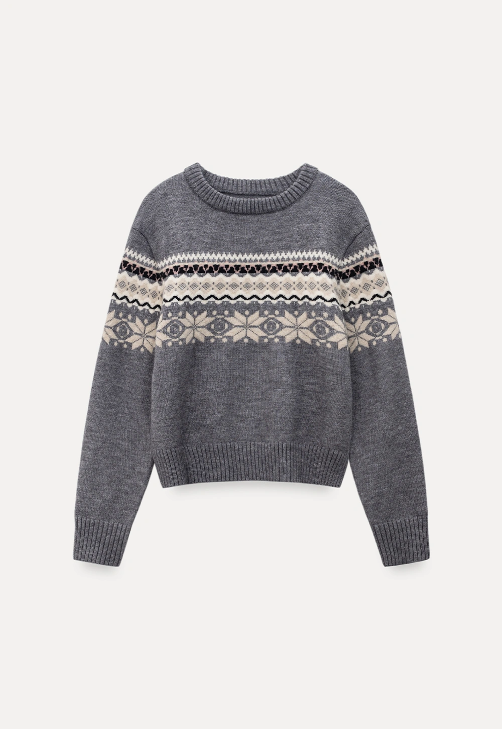Gray Knit Sweater with Fair Isle Pattern