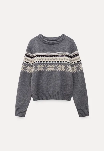 Gray Knit Sweater with Fair Isle Pattern