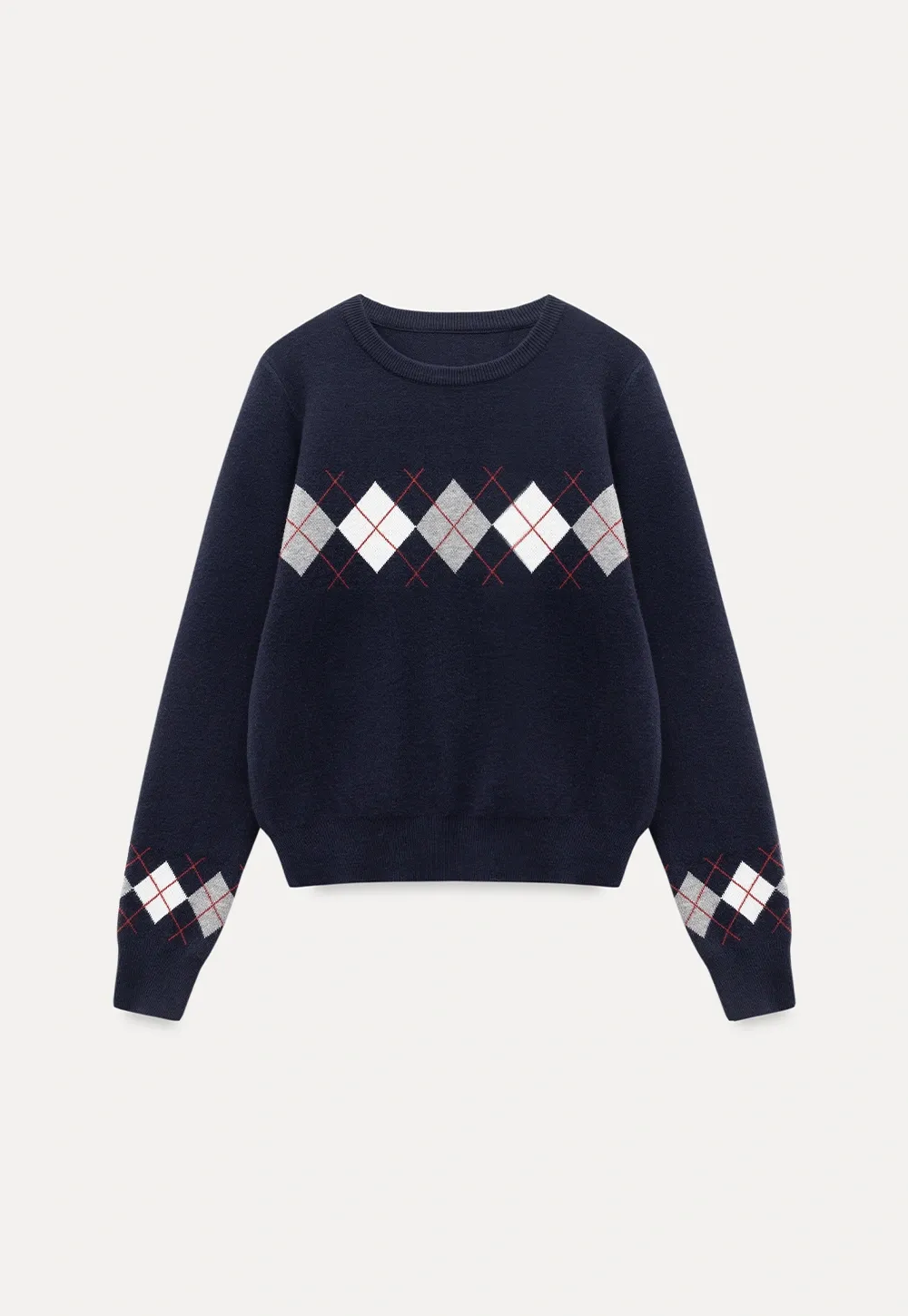 Navy Blue Sweater with Argyle Pattern for Women