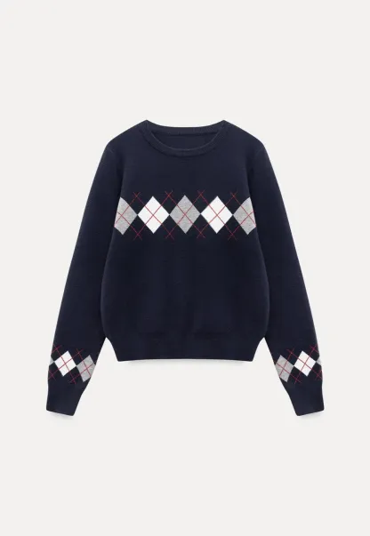 Navy Blue Sweater with Argyle Pattern for Women