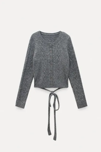 Cable Knit Cardigan with Tie-Front Detail