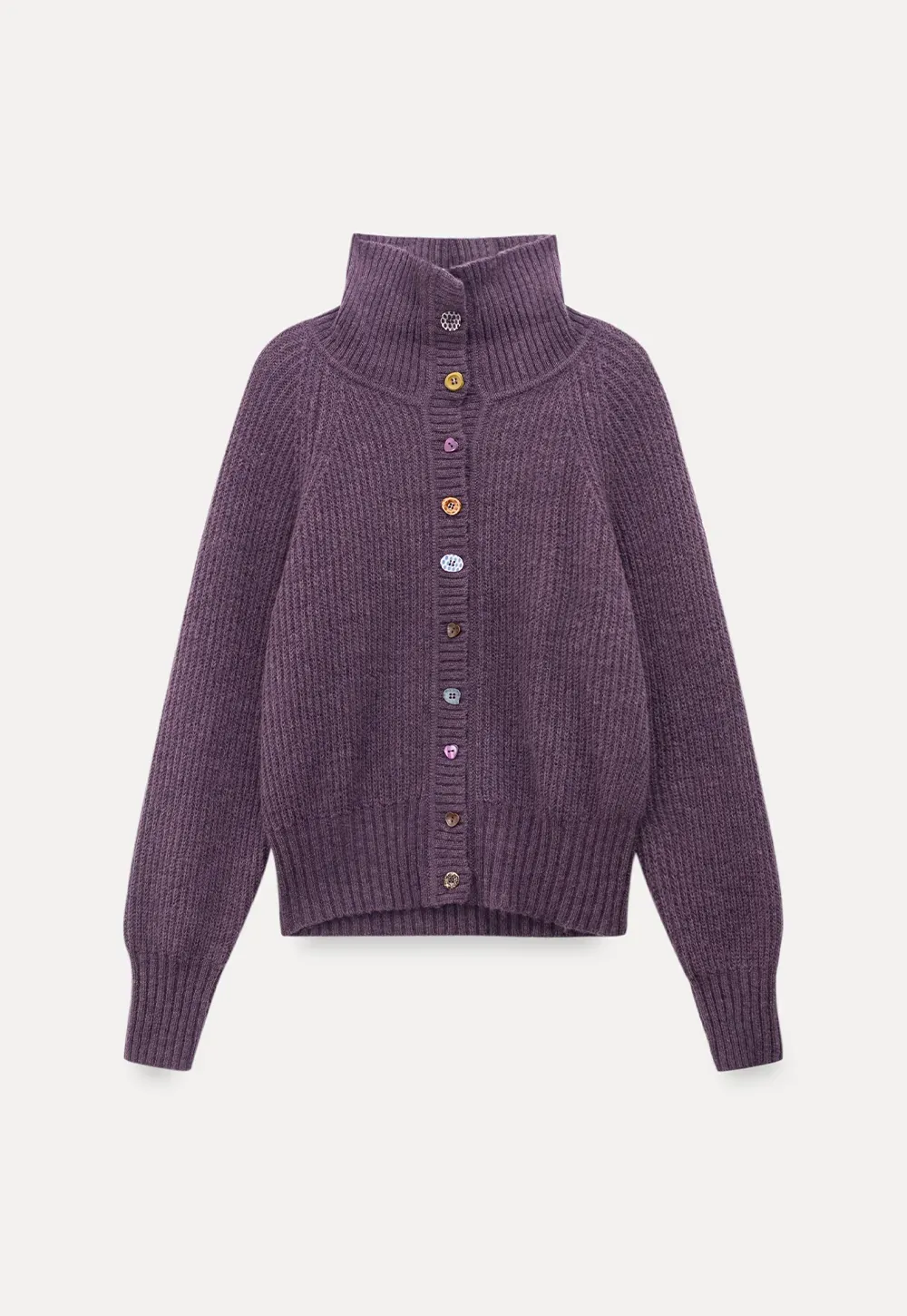 Color Button High Neck Ribbed Cardigan