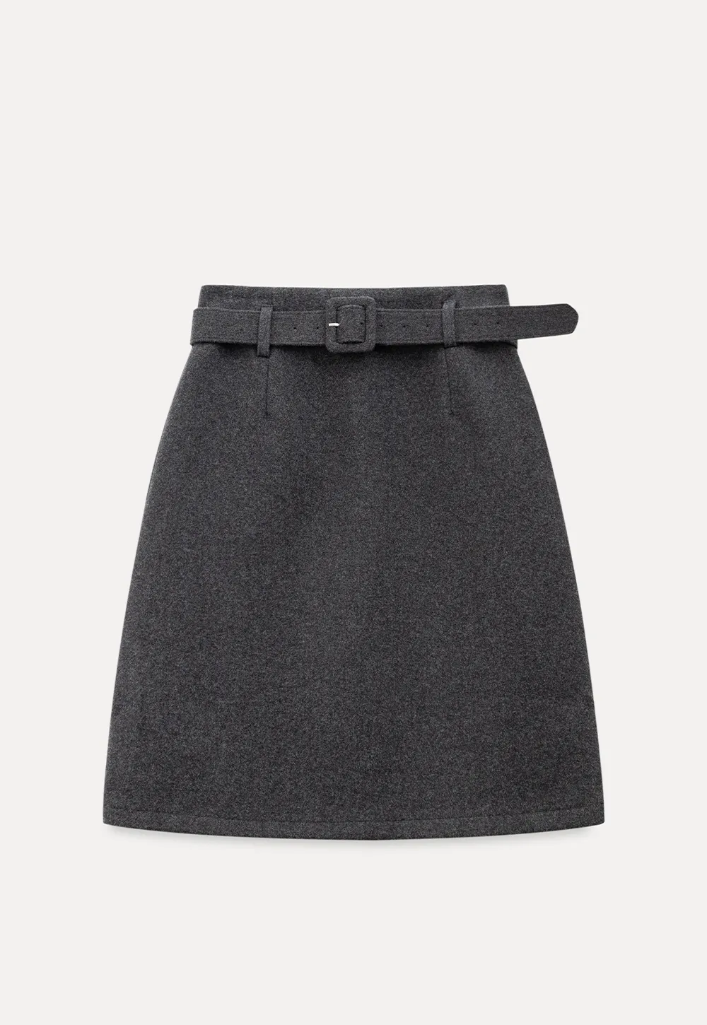 Wool Belted A-Line Mini Skirt in Charcoal