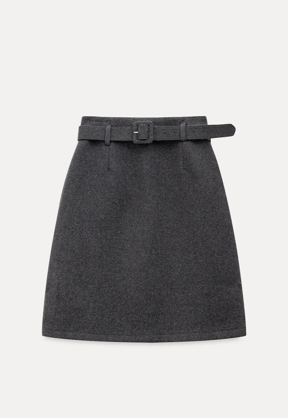 Wool Belted A-Line Mini Skirt in Charcoal