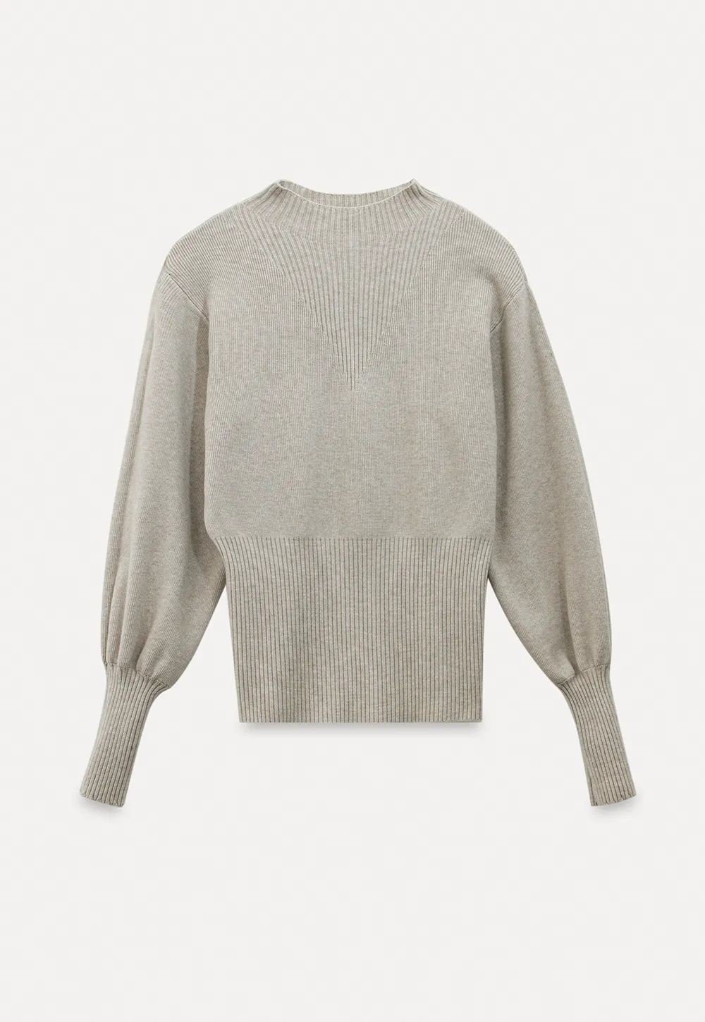 Ribbed High-Neck Sweater with Balloon Sleeves