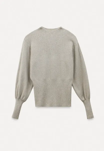 Ribbed High-Neck Sweater with Balloon Sleeves