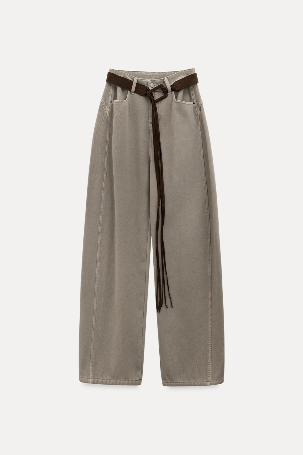 Loose Fleece-Lined Jeans with Tassel Belt