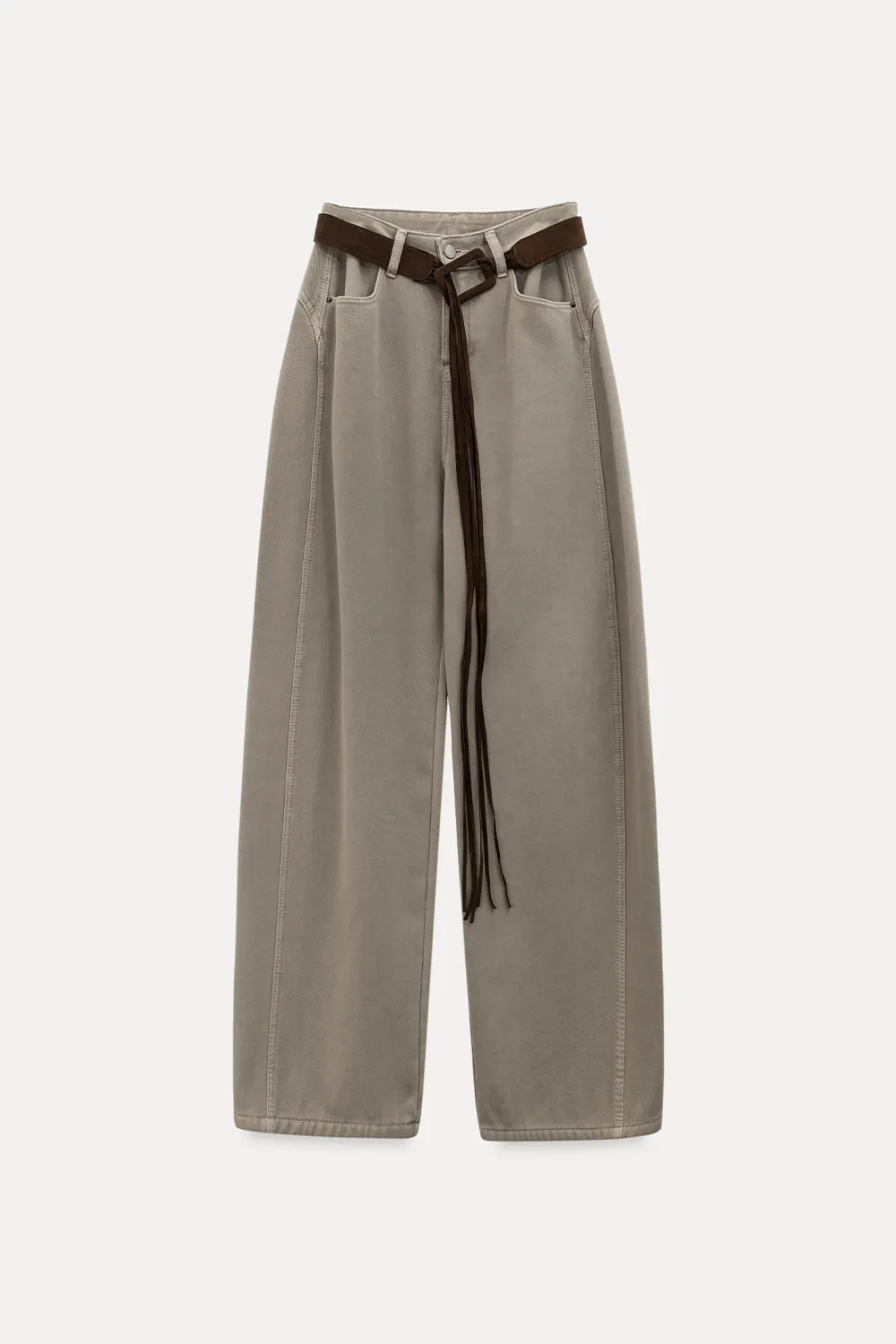 Loose Fleece-Lined Jeans with Tassel Belt