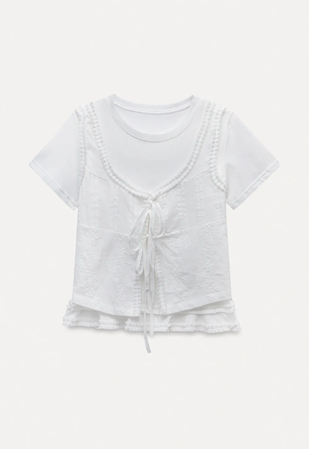 Women’s White Ruffle-Tiered Tie Shirts