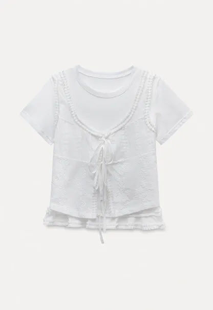 Women’s White Ruffle-Tiered Tie Shirts