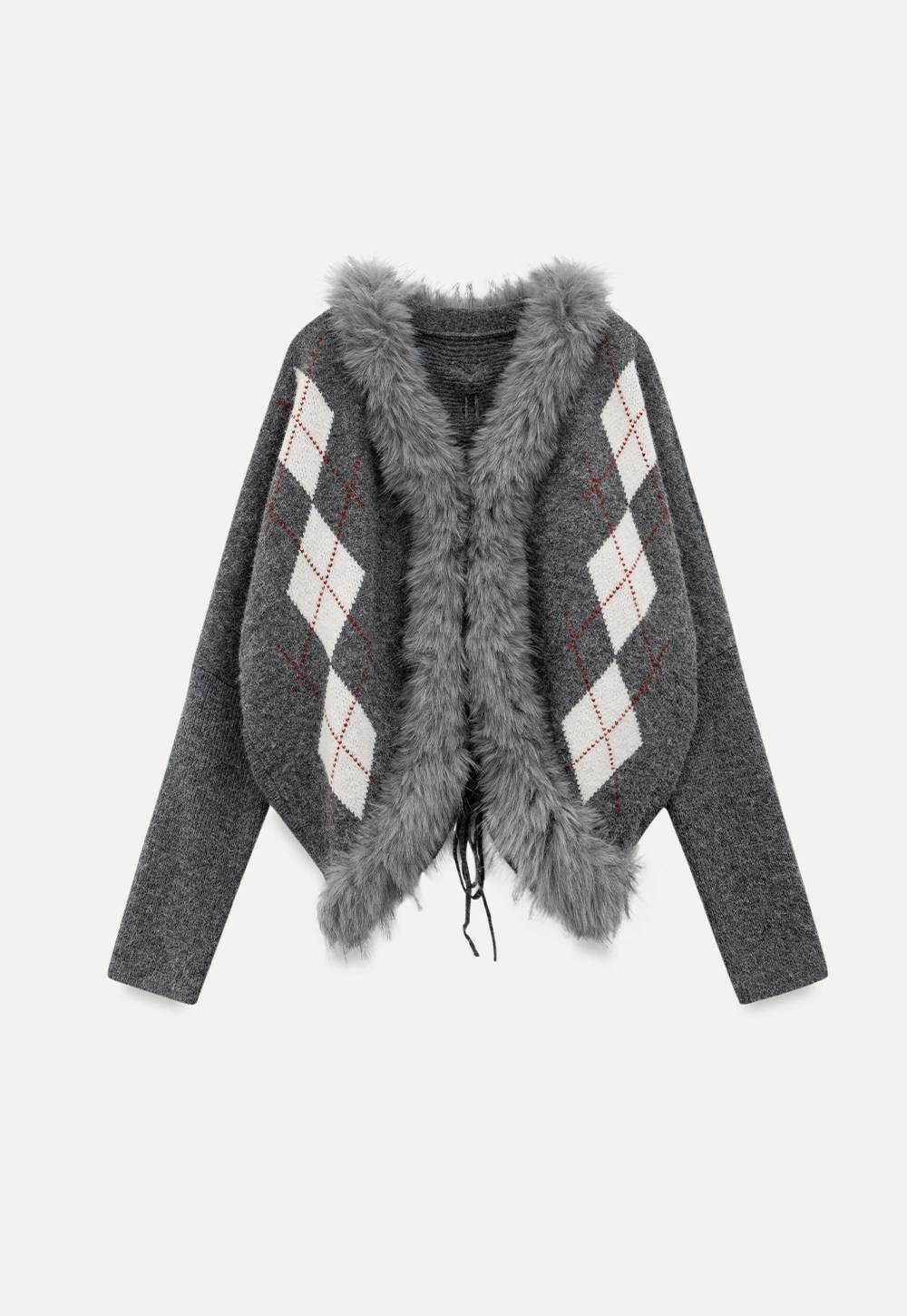 Patterned Sweater Cardigan with Fur Trim