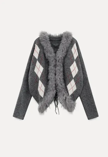 Patterned Sweater Cardigan with Fur Trim