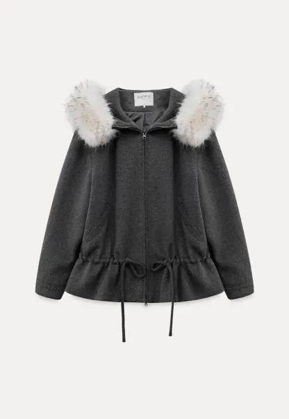Faux-Fur Trim Hooded Charcoal Jacket