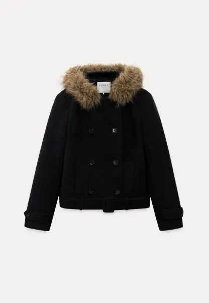 Hooded Wool Coat with Quilted Lining and Wool Collar