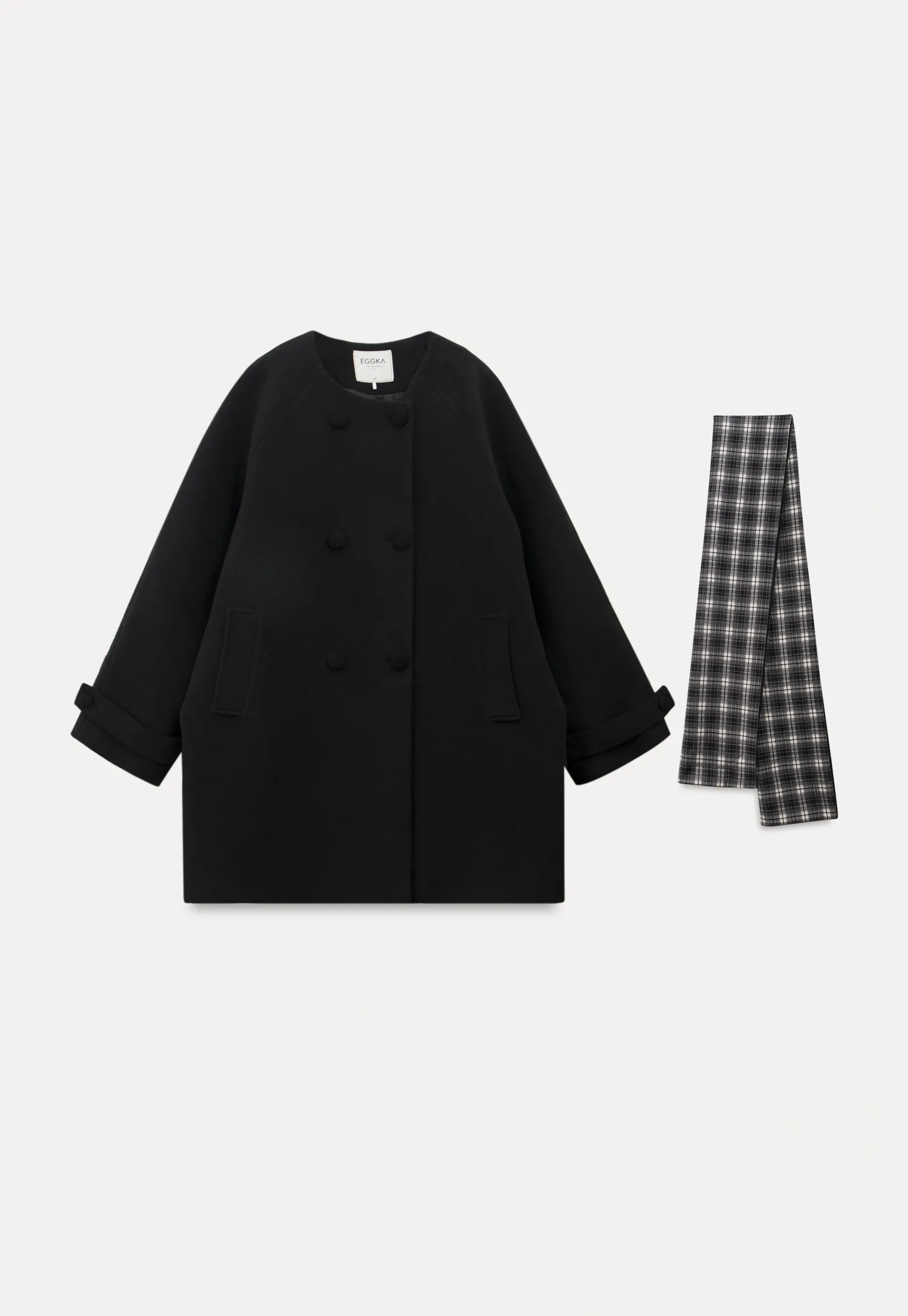 Women Black Wool Coat with Plaid Scarf Set