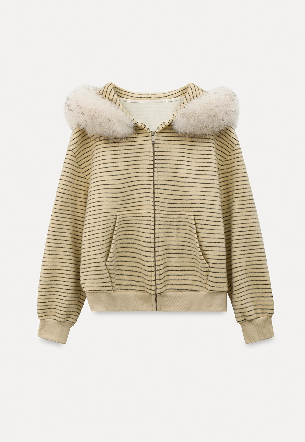 Women Striped Zip-Up Hoodie with Fur Collar