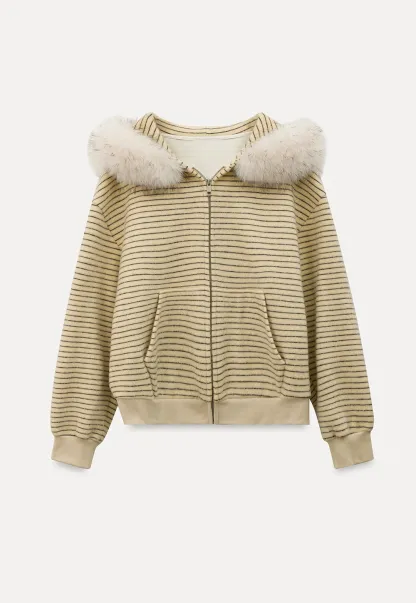 Women Striped Zip-Up Hoodie with Fur Collar
