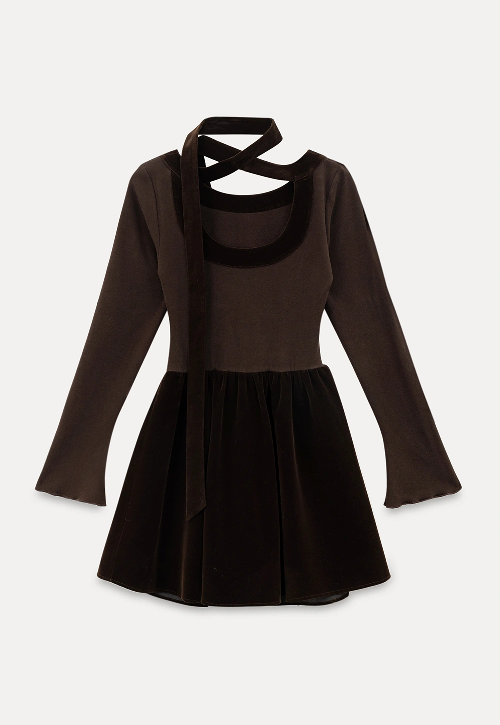 Chic Brown Velvet Mini Dress with Bell Sleeves