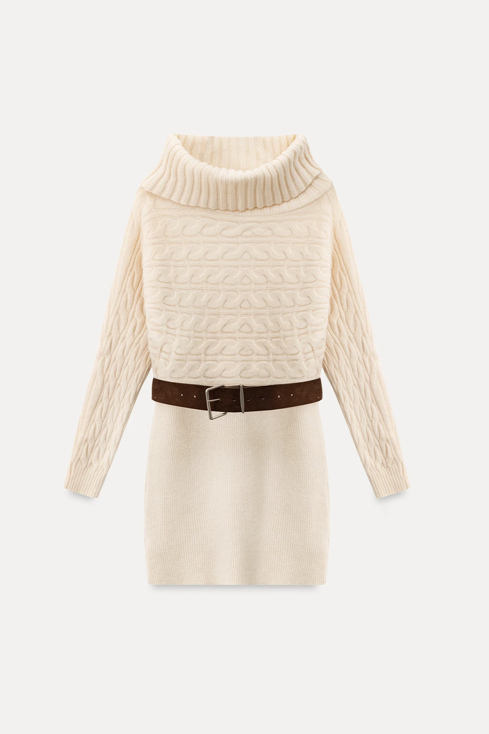 Off-Shoulder Cable Knit Waist-Cinching Dress