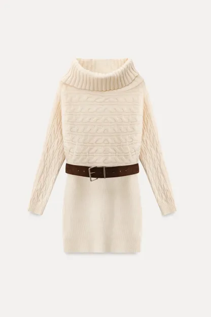 Off-Shoulder Cable Knit Waist-Cinching Dress