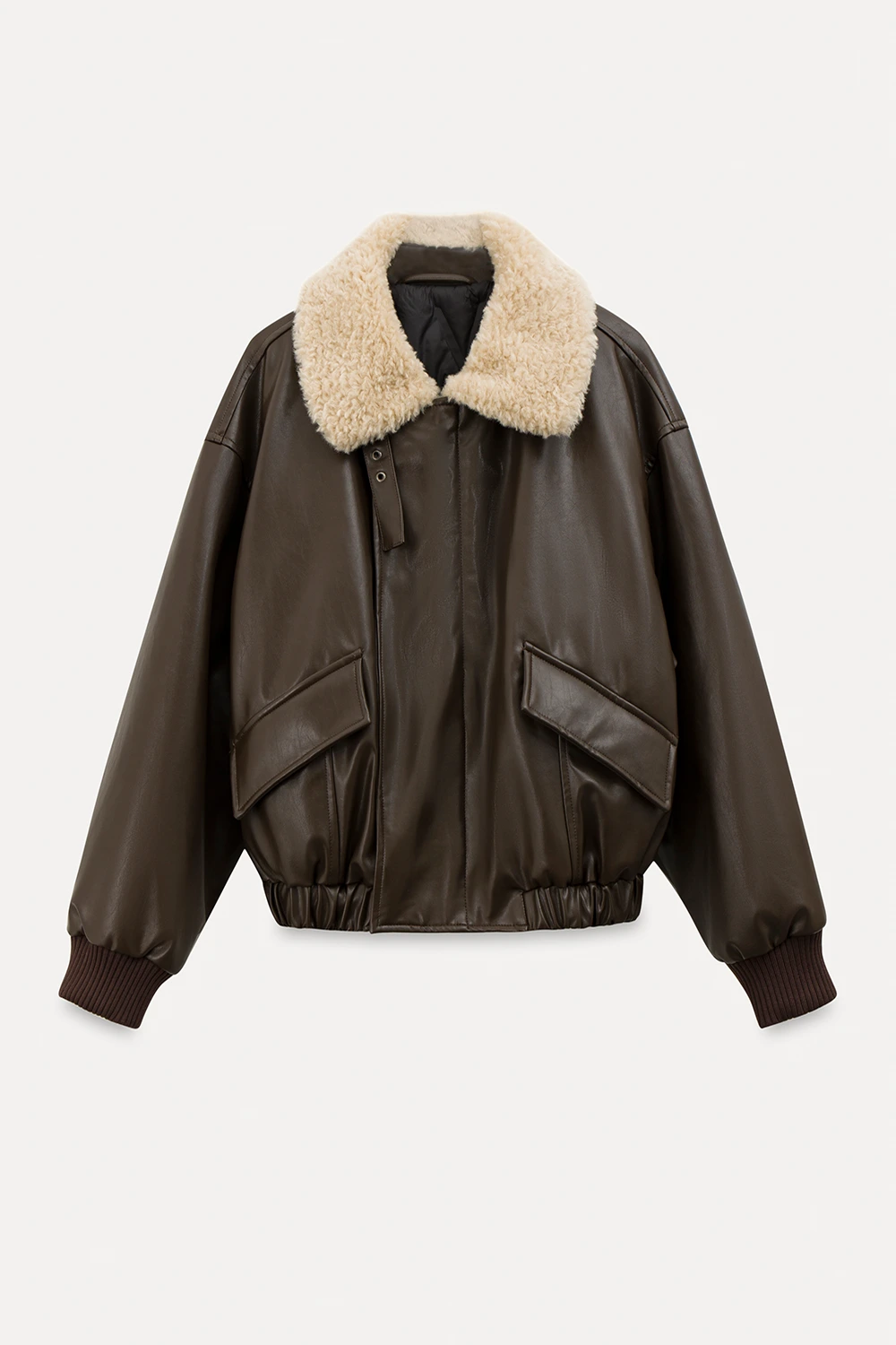 Faux Leather Bomber Jacket with Fur Collar