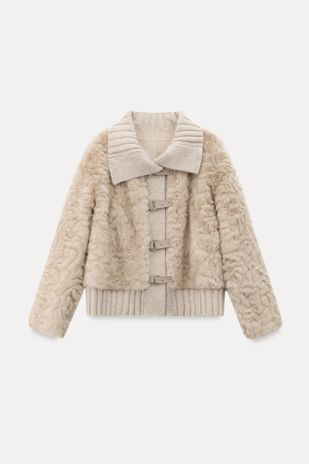 Collar Knit Patchwork Faux Shearling Coat