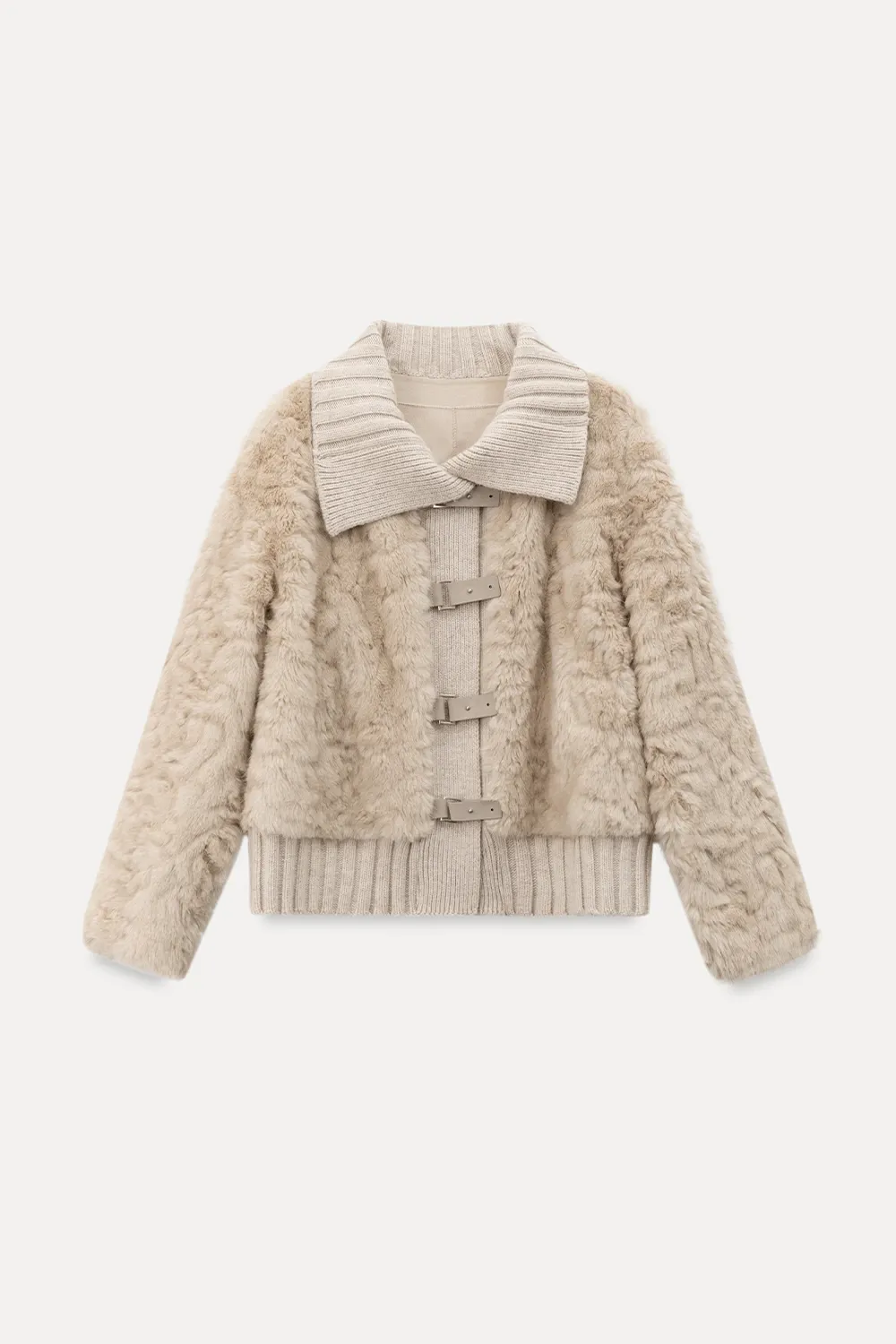 Collar Knit Patchwork Faux Shearling Coat