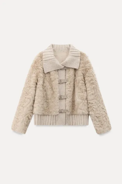Collar Knit Patchwork Faux Shearling Coat