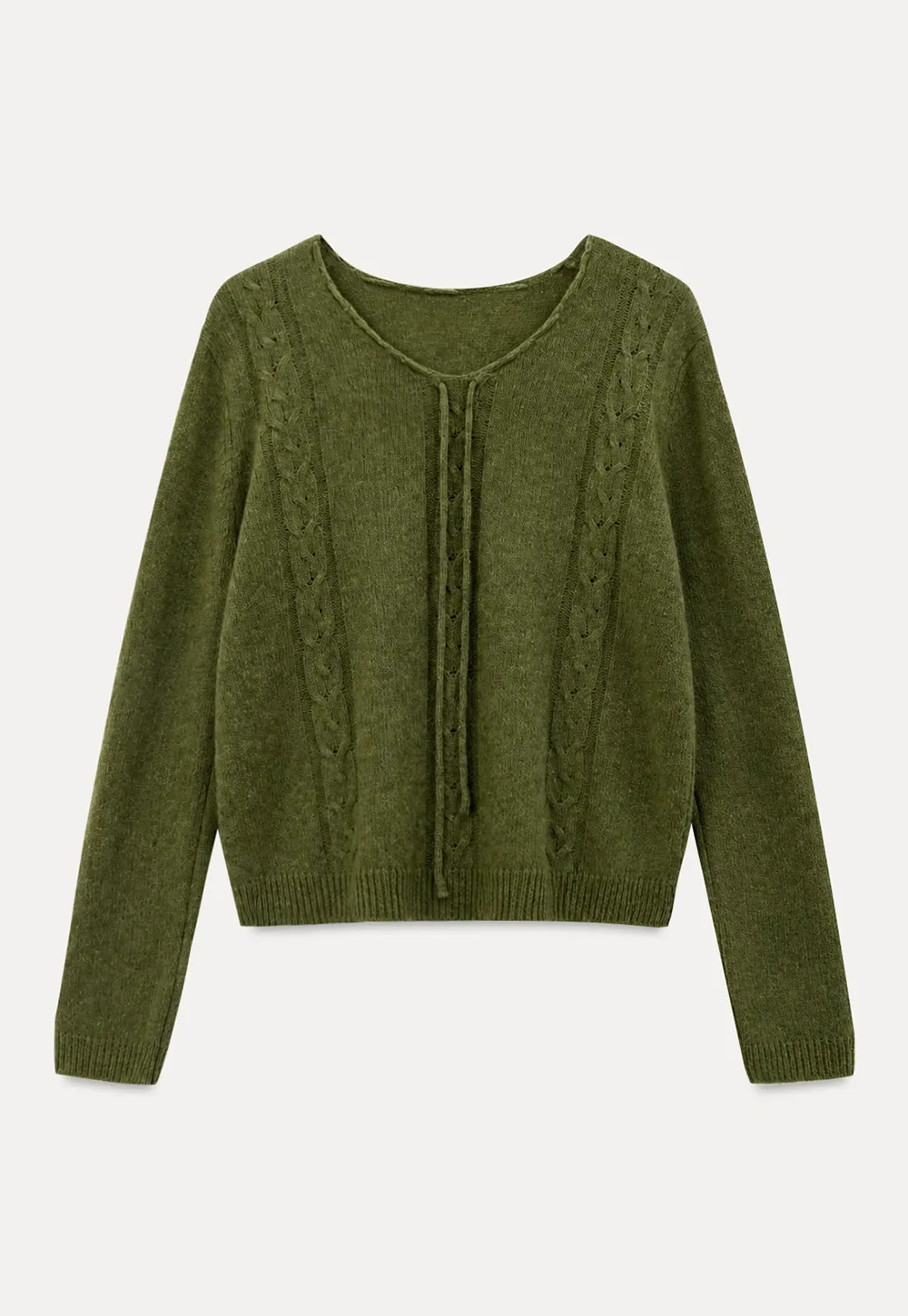 V Neck Drawstring Detail Woolen Knit Sweater