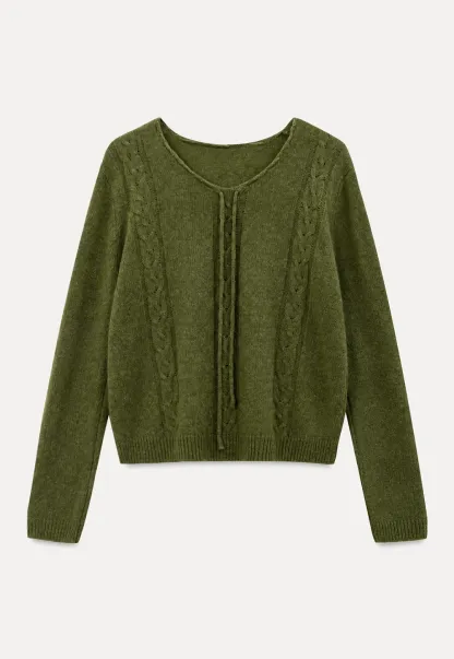 V Neck Drawstring Detail Woolen Knit Sweater