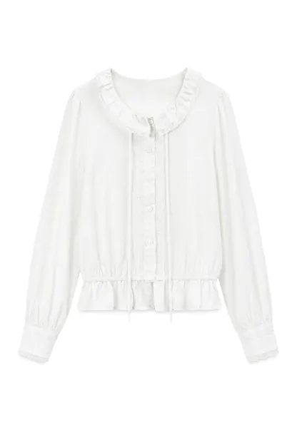Ruffled Collar Tie Front Sheer Blouse