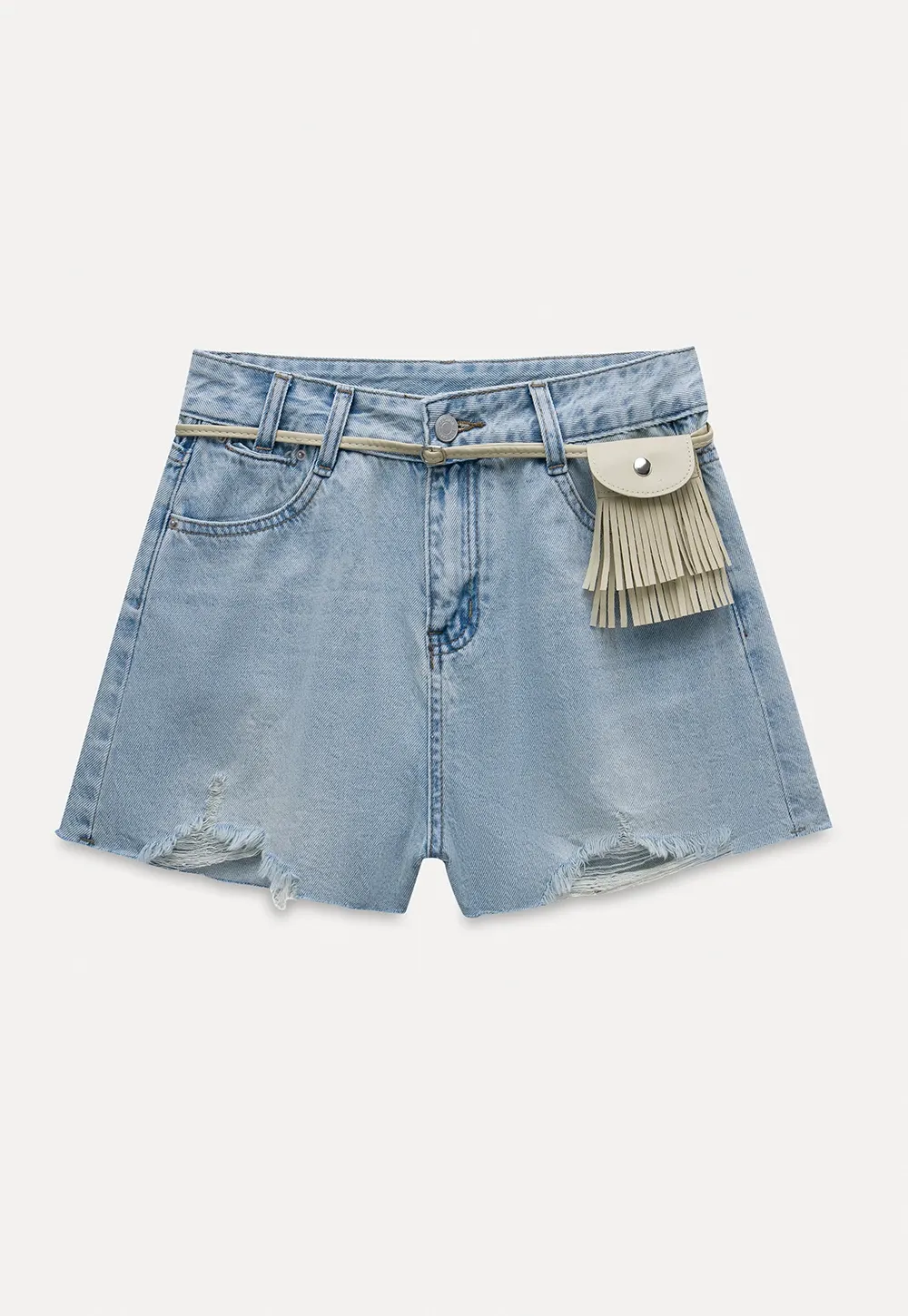 Fringed Belted Distressed Denim Shorts