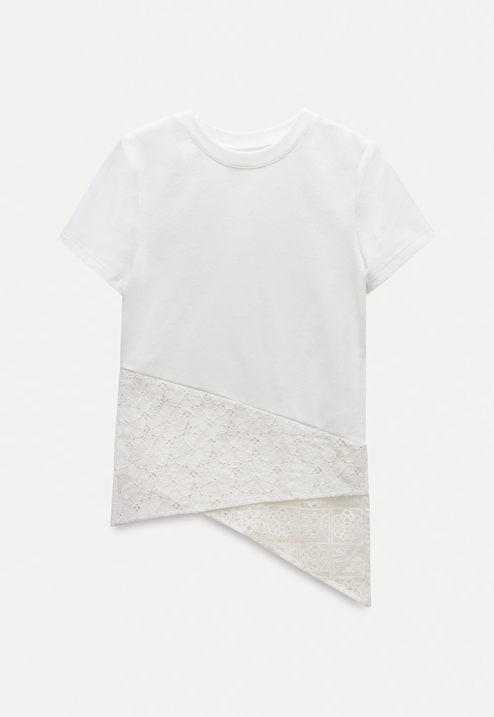 Asymmetric Hem T-Shirt with Lace Panel