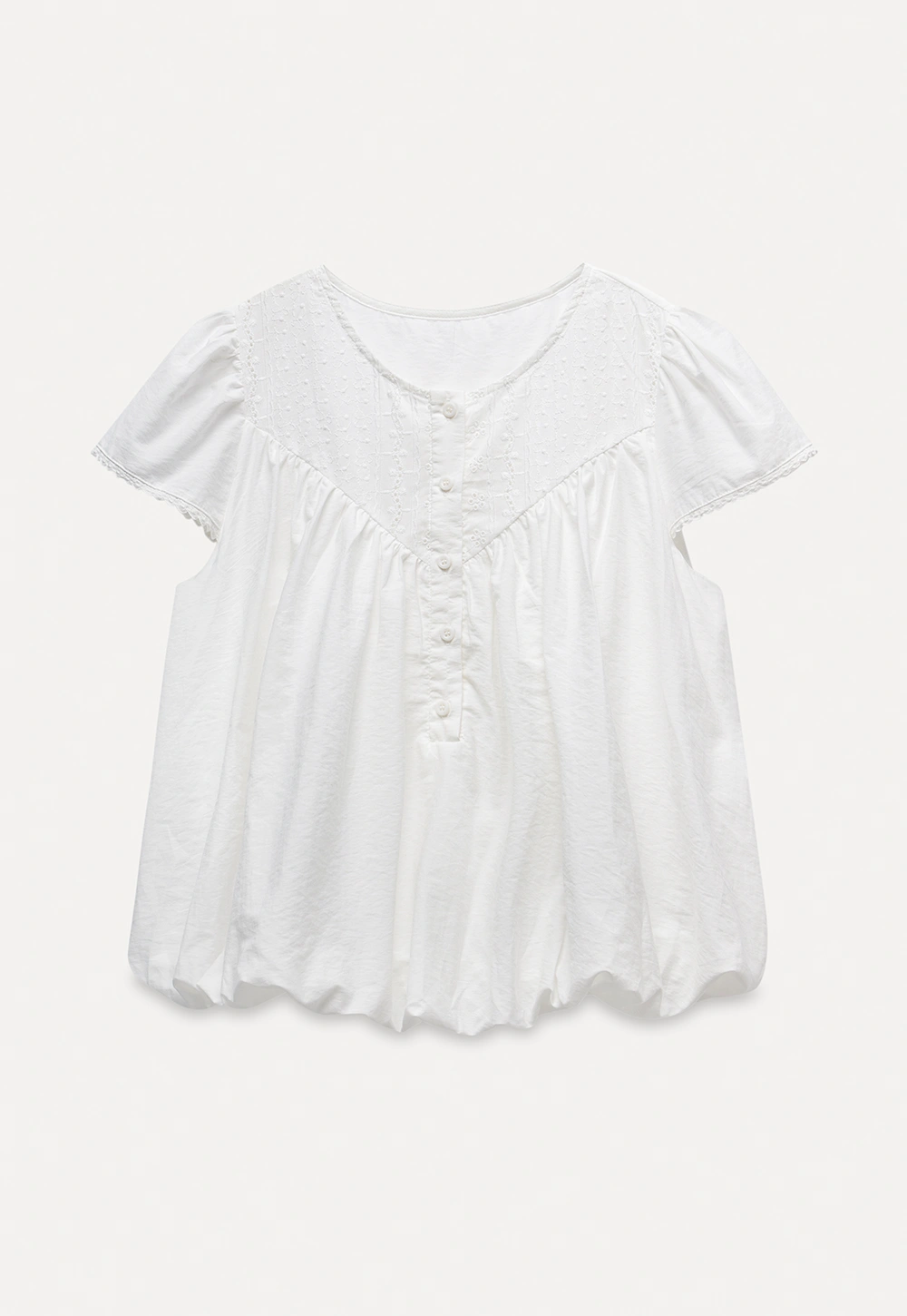 Women’s White Embroidered Button-Front Puff Sleeve Blouse