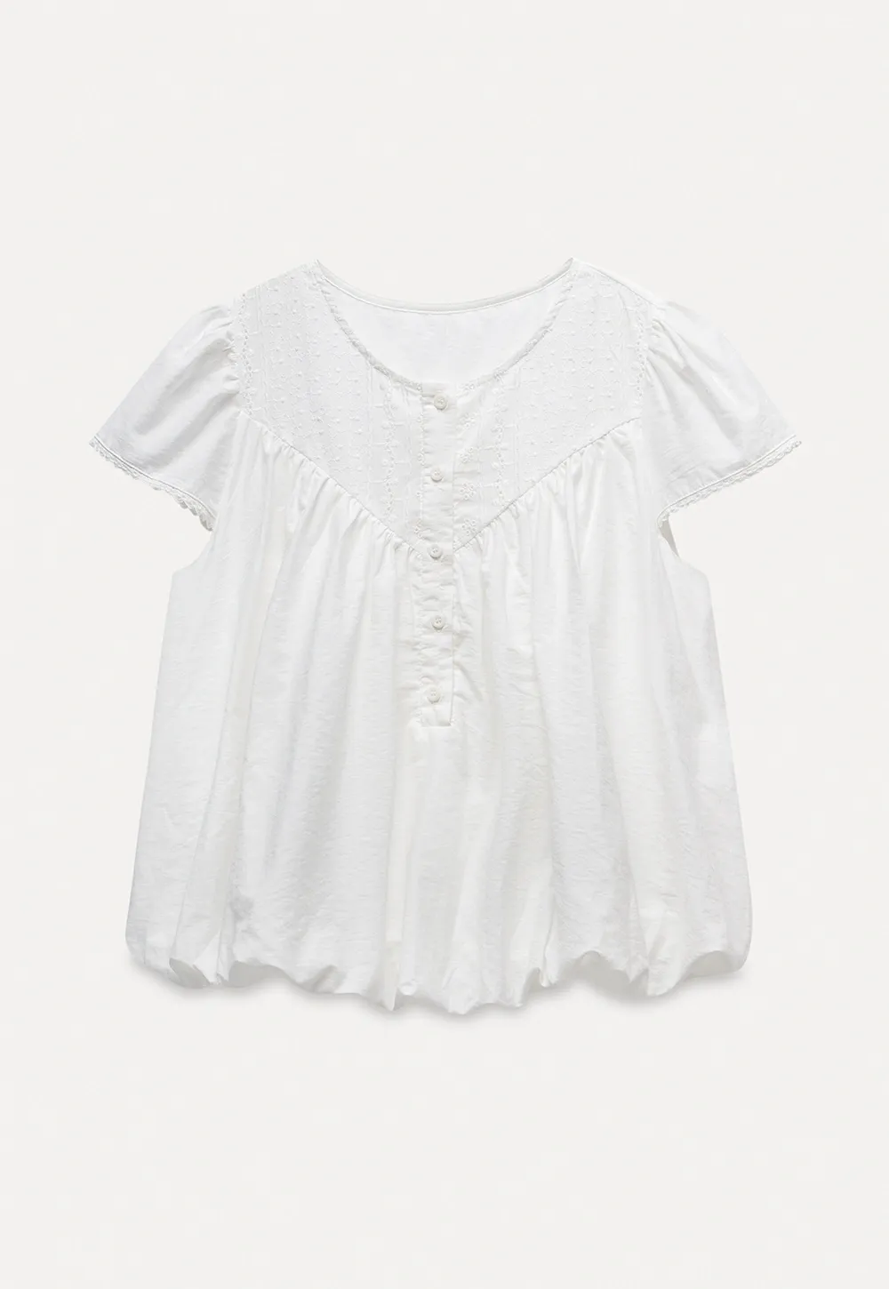 Women’s White Embroidered Button-Front Puff Sleeve Blouse