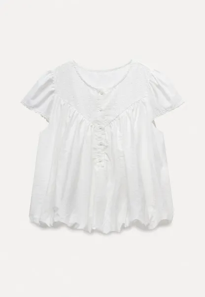 Women’s White Embroidered Button-Front Puff Sleeve Blouse