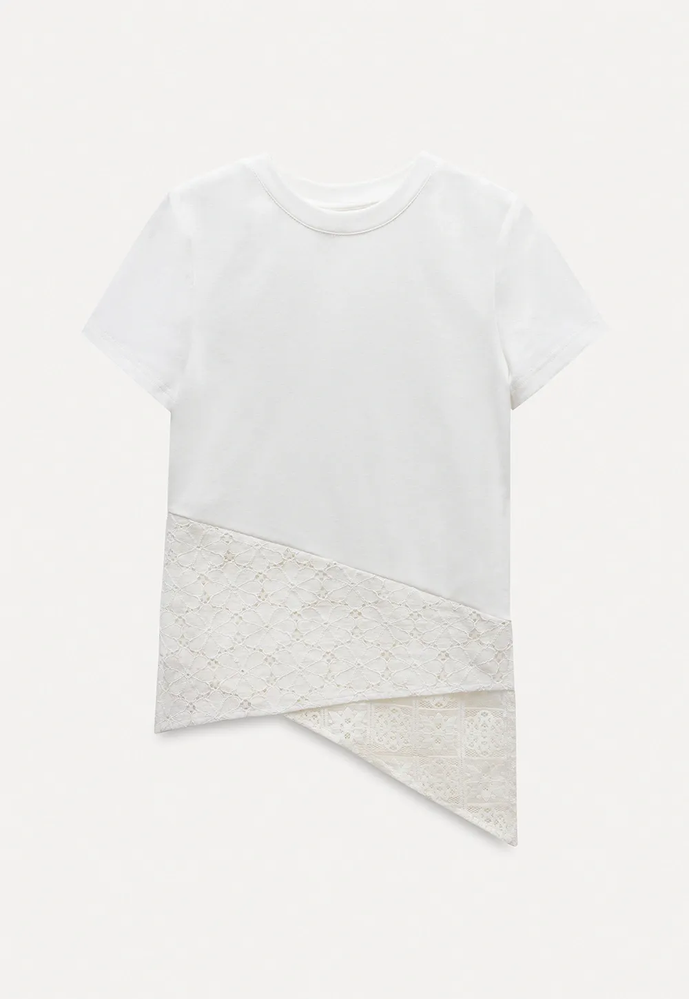 Asymmetric Hem T-Shirt with Lace Panel